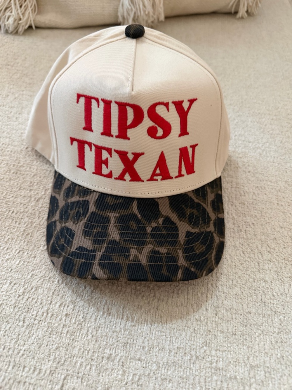 Tipsy Texan Beige Cap with Red Script and Leopard Brim